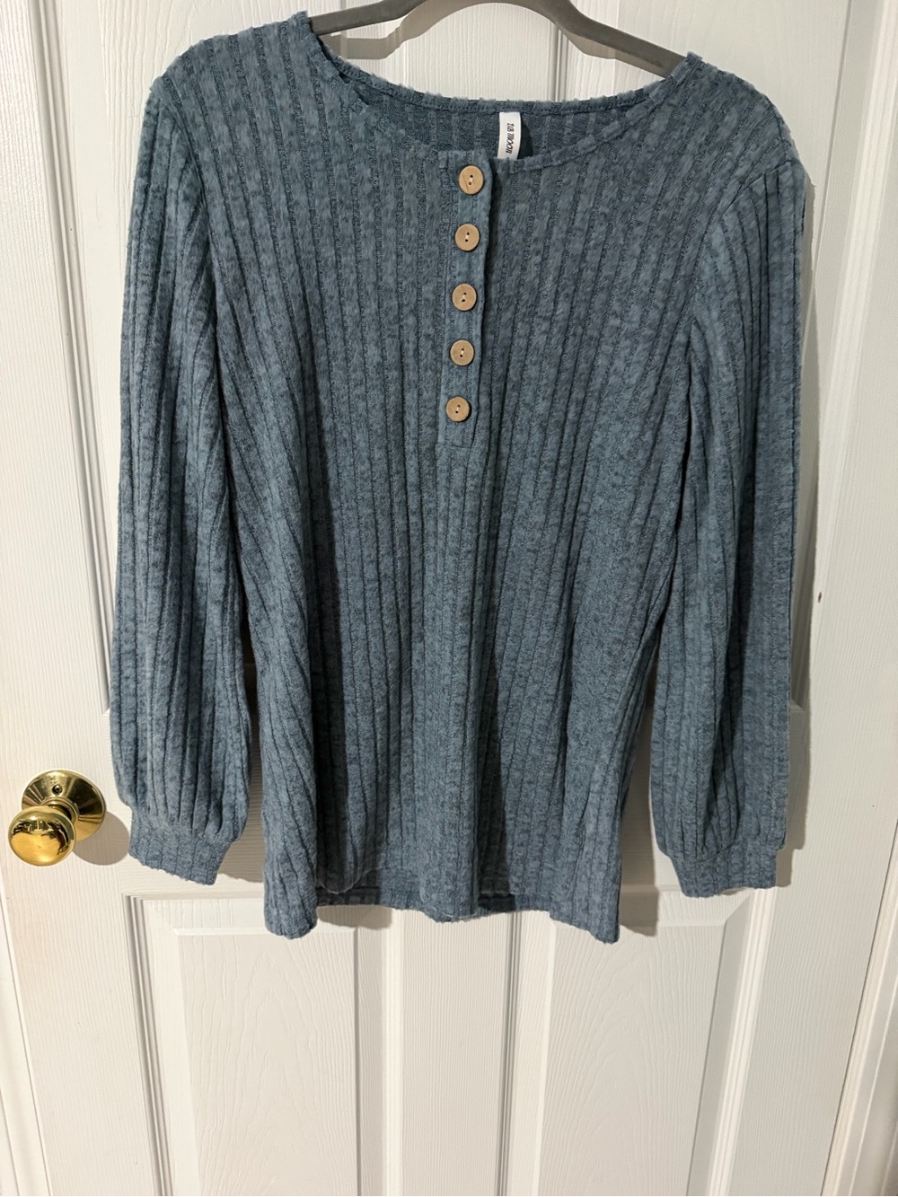 Ribbed Button-Front Long Sleeve Top - Blue
